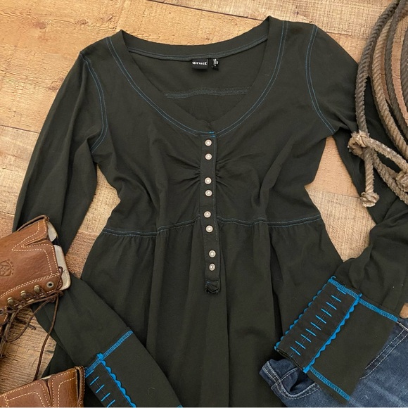 CRUEL Dark Green Top, Rhinestone Buttons, Blue Reverse Stitching - Picture 5 of 11